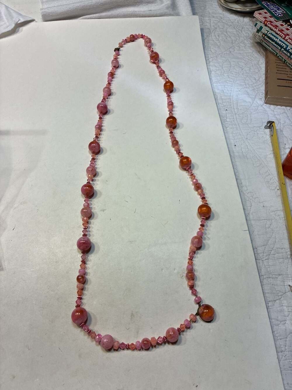 Vintage Pink Marbleized Glass Bead Long Statement Necklace